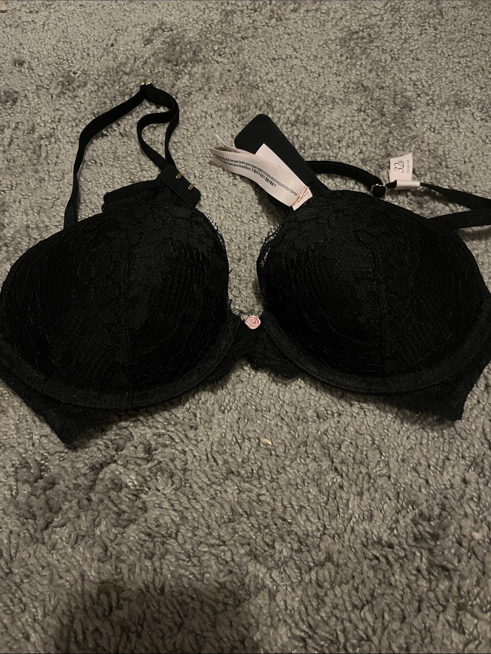 Victoria's Secret Black Lace Push-Up Bra with Pink Heart Accent